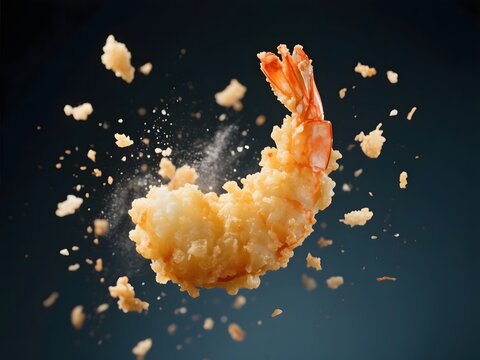 Crispy Tempura Shrimp Floating in Air Dynamic Food Explosion Concept