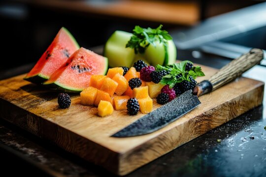 Fruit cutting board watermelon melon blackberry mint knife diced fruit fresh wooden board colorful fruit sliced watermelon green melon orange fruit berry tropical fruit healthy food food