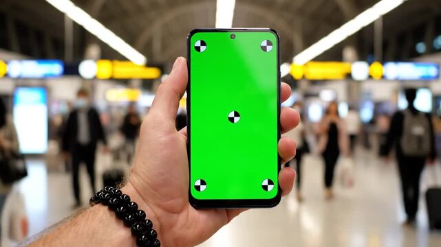 Hand holding smartphone with green screen and tracking markers in blurred airport terminal