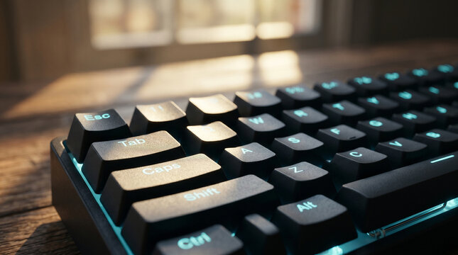 close up of a professional black mechanical keyboard with cyan led backlight on a wooden desk in soft morning sunlight