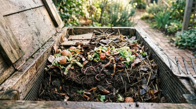 Wooden compost bin filled with organic waste in a garden setting.