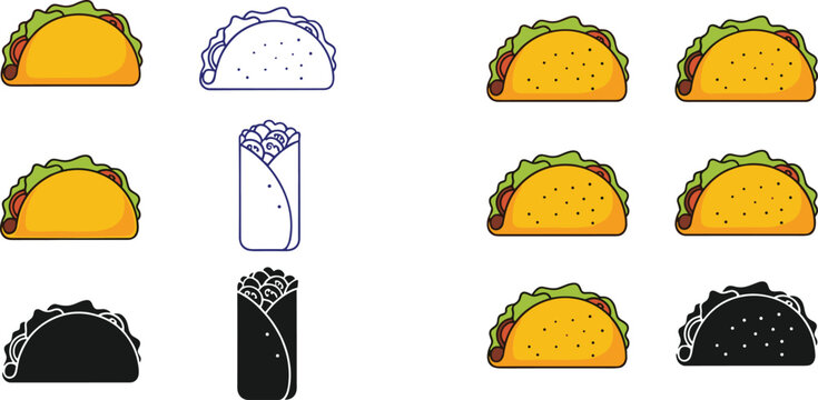 Set of mexican tacos and burrito wrap icons in colored outline and black silhouette styles isolated on white background flat style vector illustration