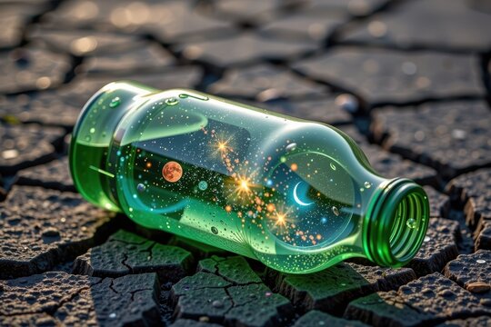 A sprawling galaxy contained entirely inside a shattered, glowing green bottle of soda resting on cracked asphalt.