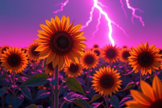 A field of sunflowers whose heads are massive, glowing neon signs buzzing and crackling with pink electricity.