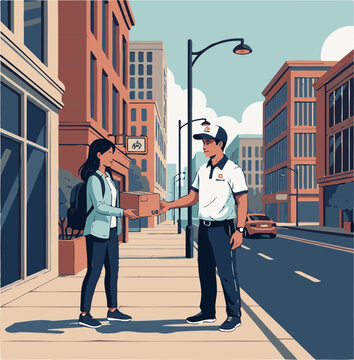 Delivery worker wearing a uniform handing over a cardboard parcel to a young woman standing on a city sidewalk street