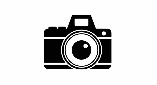 Black and white silhouette of a professional digital SLR camera icon isolated on white background.