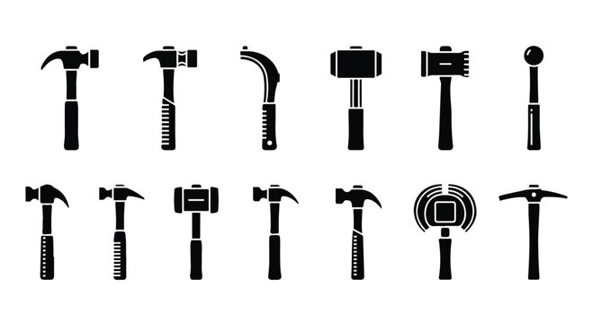 Collection of various types of hammers including claw, sledge, ball peen, and framing hammers arranged in a row