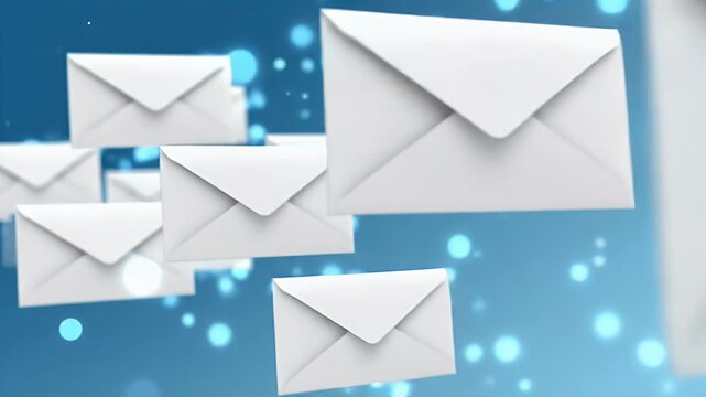 A digital illustration depicts several white envelopes floating against a blurred blue background, suggesting communication and correspondence.
