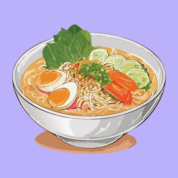 Clear chicken noodle soup with boiled egg and fresh vegetables served in a white bowl - Vector Illustration