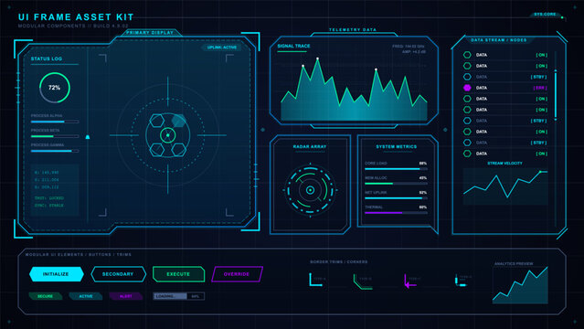 Futuristic modular HUD asset kit with cyan neon interface frames, telemetry charts, radar array, system metrics, data stream nodes and buttons
