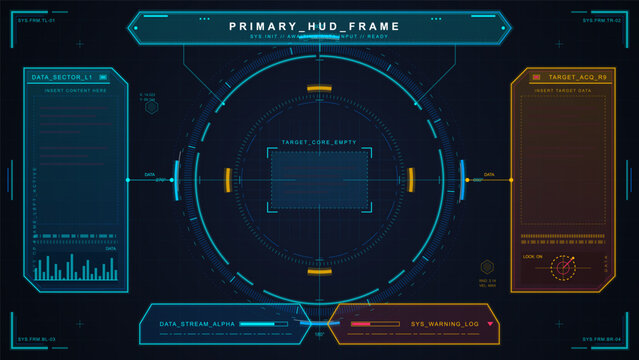 Futuristic vector HUD interface with circular target frame, data sector panels, warning log and neon cyan yellow controls on dark grid background