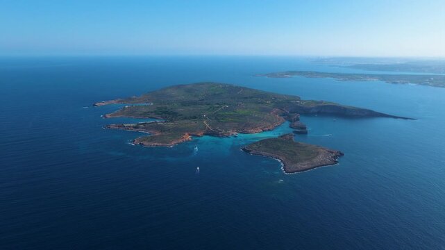 Aerial View Of Blue Lagoon Between The Islands Of Comino And Cominotto In Malta.