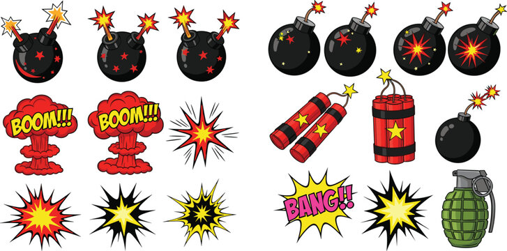 Set of comic style bomb dynamite grenade explosion with boom and bang speech bubbles and sparks isolated on white background cartoon vector illustration