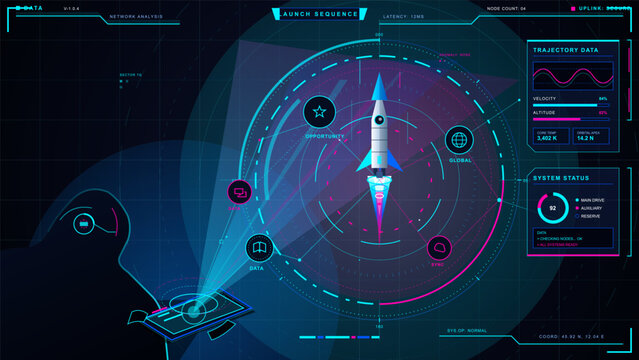 Futuristic launch sequence HUD with rocket on circular radar, trajectory data, system status panels, holographic tablet, and dark neon grid