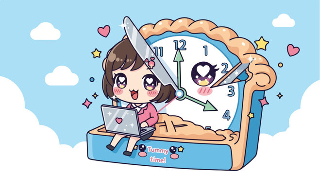 Cute anime-style girl with unicorn horn sitting at a desk with a large clock and laptop in a whimsical sky scene
