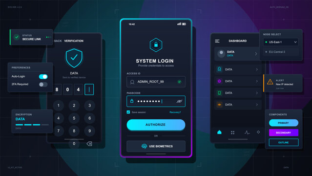 Futuristic mobile system login interface with biometric security panels, verification keypad, dashboard cards, and neon cyber grid background