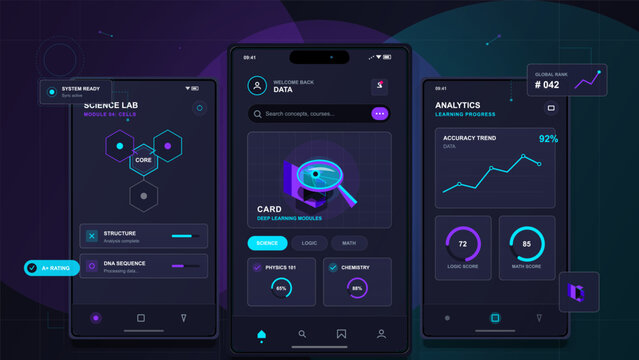 Futuristic mobile learning app interface set with science modules, analytics charts, neon progress cards on three dark smartphone screens.