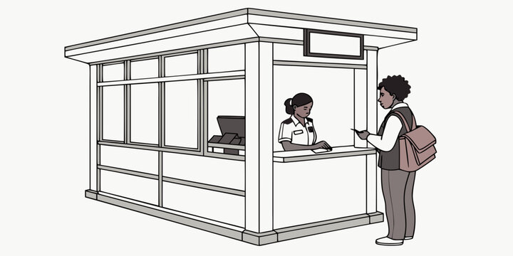 Person standing at information desk or ticket booth counter with information customer employee passenger business terminal illustration assistance consultant purchasing transaction building