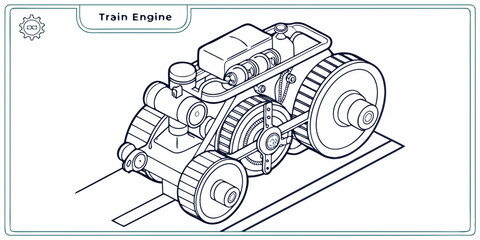 Isometric line art illustration of a complex train engine mechanical assembly with engine block technical drawing black and white mechanical assembly isometric engineering locomotive machinery © Sp