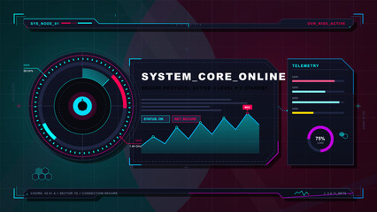 Obraz premium Futuristic cyber system dashboard with circular scanner, telemetry bars, line chart, neon grid background, and glowing interface panels