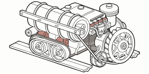 Detailed isometric schematic of an internal train locomotive engine mechanism with technical drawing black and white locomotive mechanical isometric schematic engineering machinery technical © Sp