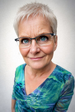 Portr&auml;t einer l&auml;chelnden Seniorin mit Brille und kurzen grauen Haaren vor hellem Hintergrund