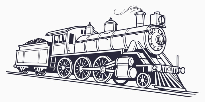 Vintage steam locomotive with coal tender graphic steam engine locomotive transportation railroad illustration monochrome transport silhouette technology mechanical industry historical