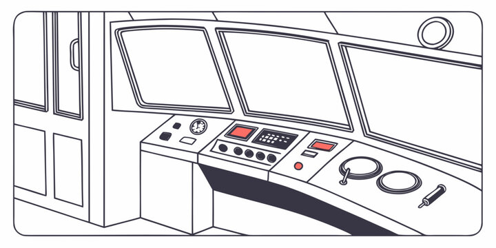 Ship bridge control console interior navigation workstation illustration with navigation nautical dashboard maritime transport equipment instrument shipping transportation technology