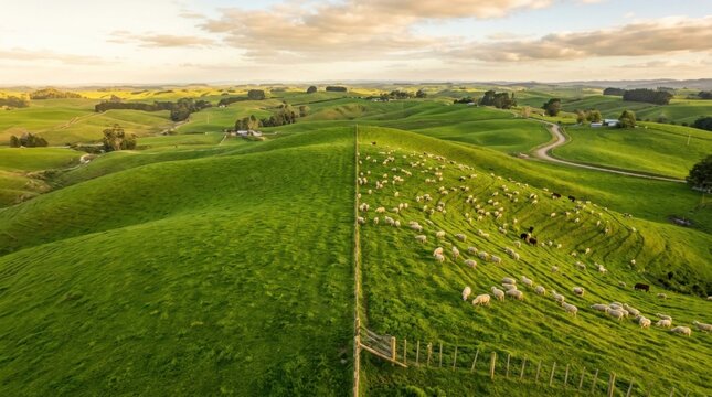 Aerial view of lush green rolling hills and fields under a bright sky.
