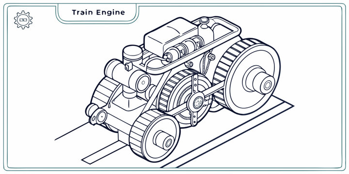 Isometric line art illustration of a complex train engine mechanical assembly with engine block technical drawing black and white mechanical assembly isometric engineering locomotive machinery