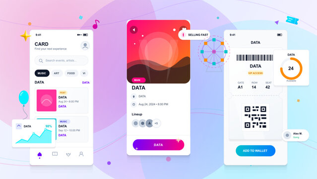 A mobile app displays event information for a nighttime activity. The interface includes options for tickets, a music lineup, and data charts scheduled for August 24, 2024.