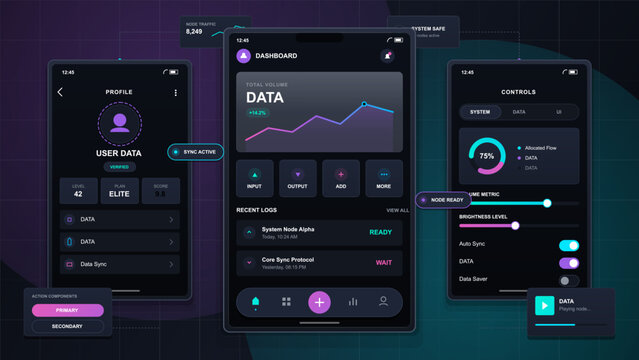 Futuristic UI kit design dashboard with laptop wireframe editor, mobile analytics screens, color panels, sliders, and neon grid background