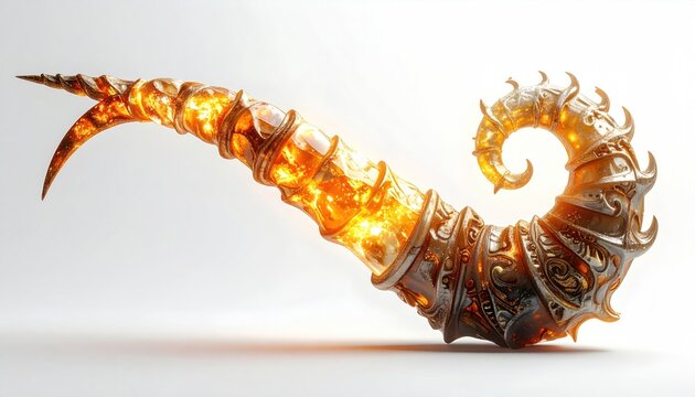 Ornate glowing horn with intricate metalwork and fiery interior isolated on white