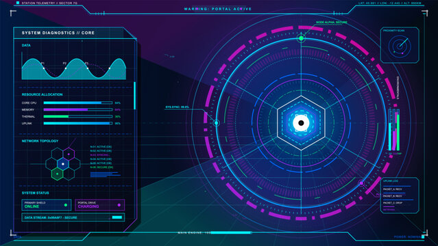 Futuristic portal diagnostics HUD with circular scanner, telemetry graphs, resource bars, network topology, and neon status panels on dark grid.