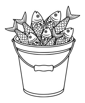 Bucket full of fish line art illustration isolated on white background, simple outline drawing for coloring or fishing concept