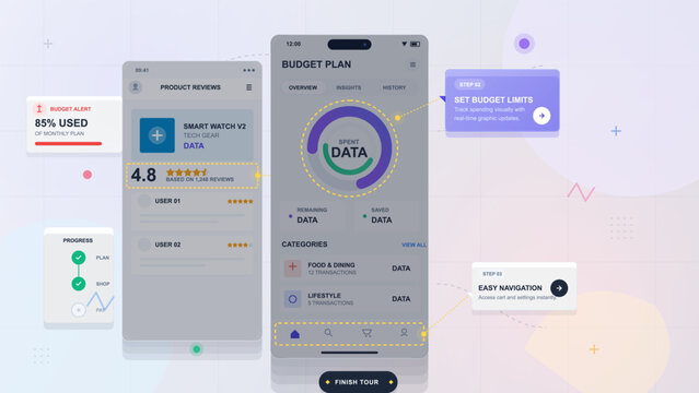 Mobile app onboarding UI mockup with budget dashboard, product reviews, alerts, progress card, and navigation tips on pastel grid background