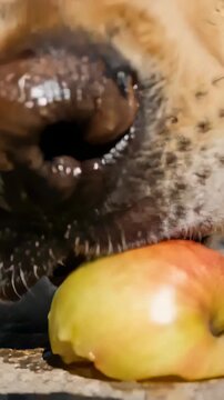 Vertical video: Scenting apple, wet dog muzzle sniffing, licking and chewing on stone patio, drool
