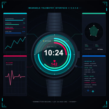 Futuristic wearable telemetry HUD with smartwatch face, biometric panels, ECG graph, kinematics radar, and diagnostics on dark interface