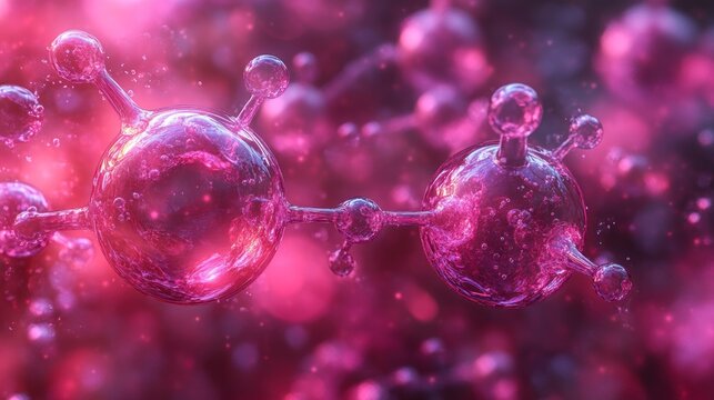 Close-up 3D rendering of molecules in a bright, glowing pink environment
