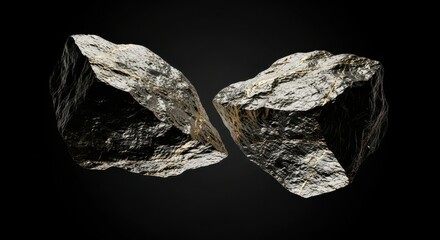 Fototapeta premium Two rough dark gray rocks with golden veins are highlighted against a black background