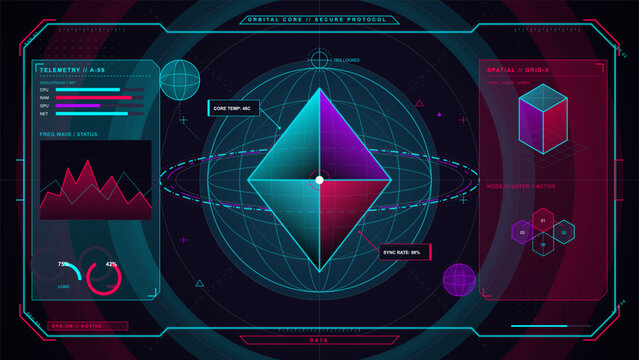 Futuristic orbital core HUD with glowing geometric crystal, telemetry graphs, spatial grid, node cluster, and neon data panels on dark interface
