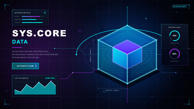 A digital interface shows the process of initializing a secure data protocol with connection statistics and a control panel. The system metrics include a lifetime graph and activation feature.