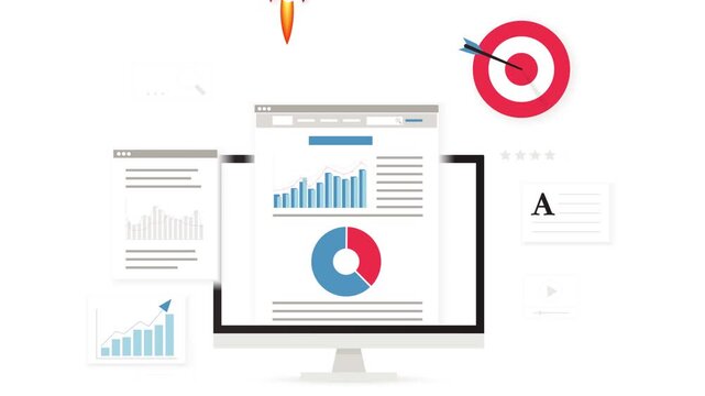 Business data analysis on a computer with graphs and a target icon