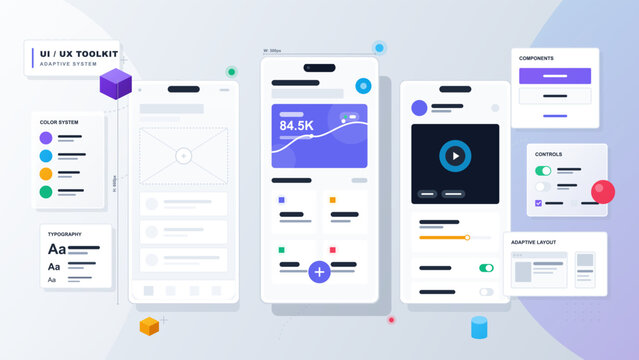Tools for app design are arranged on a light background. Includes components like buttons, controls, and interactive elements. Also shows typography and color settings for developers.