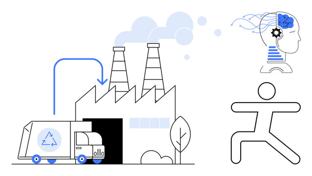 Sustainability, AI integration, brain-machine interaction, recycling, factory process, human innovation. Factory and truck with recycling symbols, tech brain human form. Recycling and AI integration