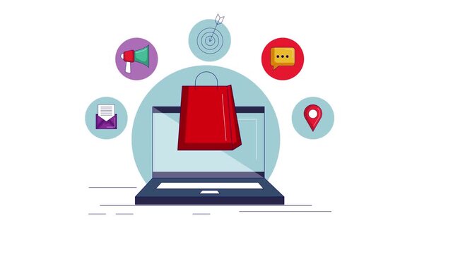 Online shopping bag on laptop with icons around