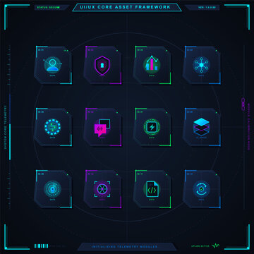 Futuristic UI asset framework with twelve neon interface cards, security icons, telemetry modules, and dark circular HUD grid layout background