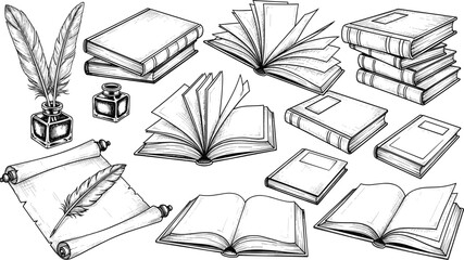 Set of hand drawn vintage books scroll quill feather pen and ink bottle in sketch style isolated on white background engraving vector illustration © Shefali