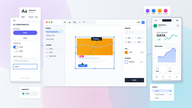 Flat vector UI design workspace with hands editing app layout, mobile dashboard preview, components sidebar, color palette, and grid background