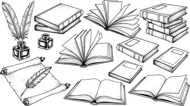 Set of hand drawn vintage books scroll quill feather pen and ink bottle in sketch style isolated on white background engraving vector illustration